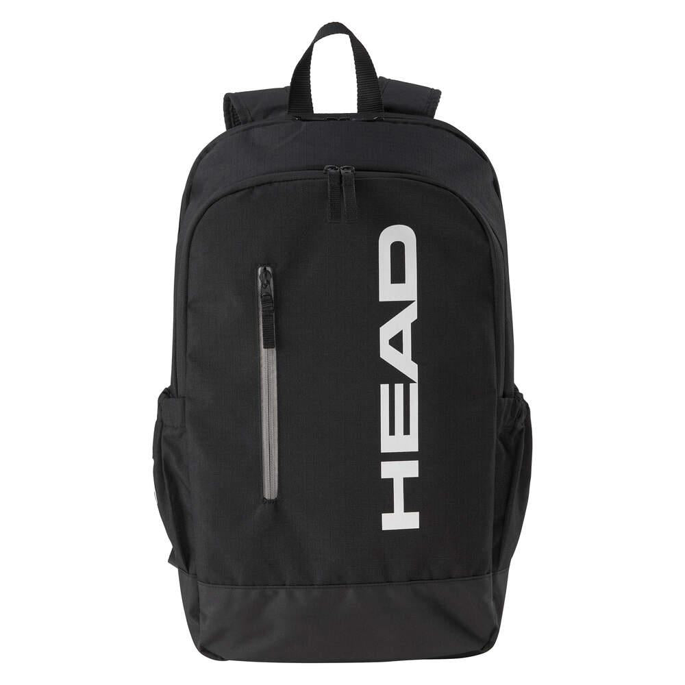 The HEAD BASE Padel Backpack 17L - Black features a top handle, front zipper pocket, side pockets, and a racket compartment. "HEAD" is printed vertically in white on the front, highlighting its new design.