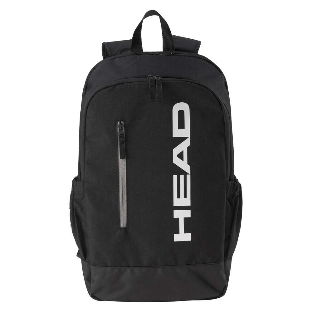 The HEAD BASE Padel Backpack 17L - Black features a top handle, front zipper pocket, side pockets, and a racket compartment. "HEAD" is printed vertically in white on the front, highlighting its new design.
