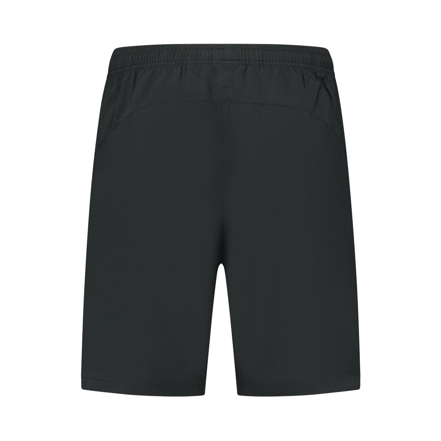Back view of the plain black K-Swiss Hypercourt 7" Men's Padel Shorts, made from four-way stretch polyester with an elastic waistband. Logo-free and adaptable, they are designed for versatility and simplicity.