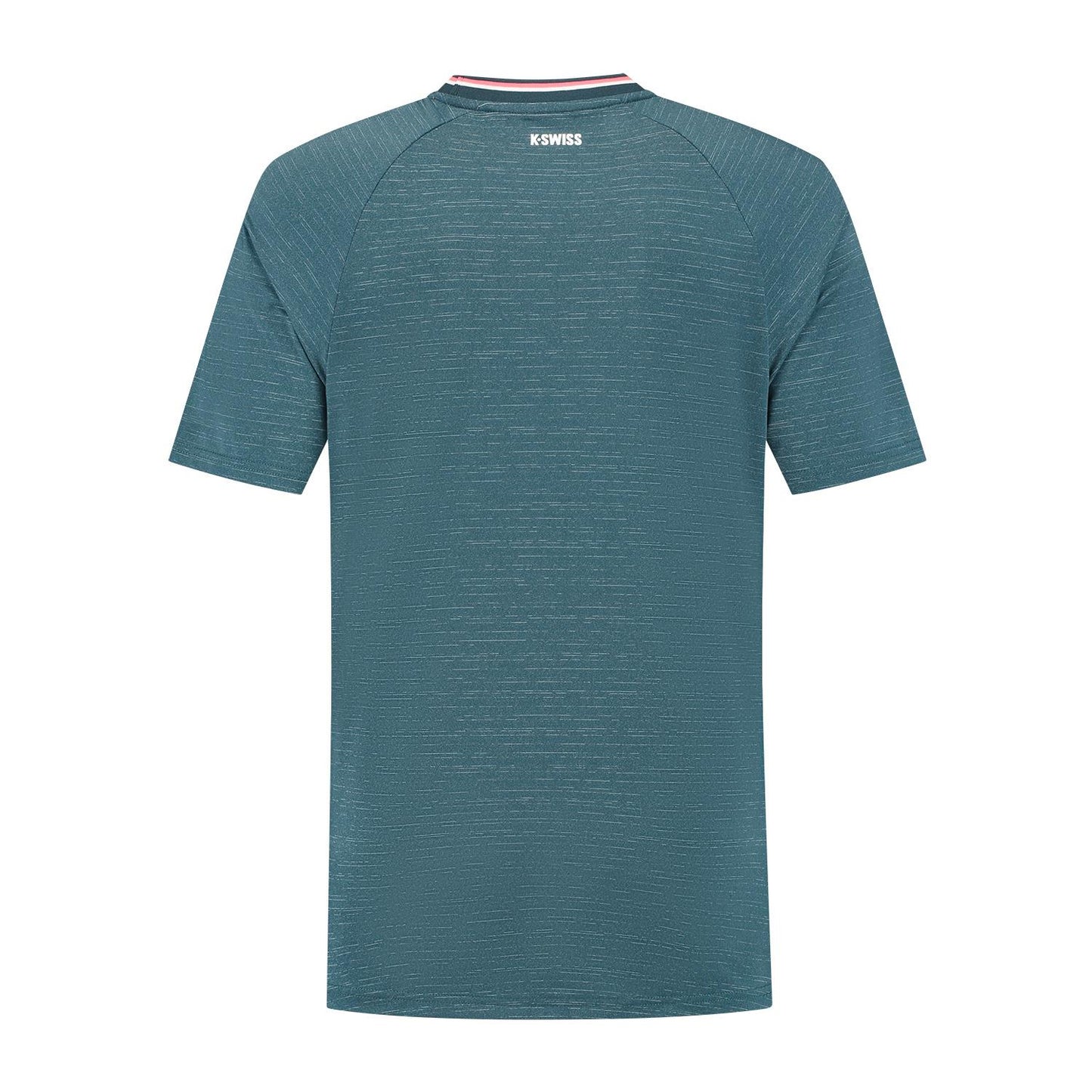 The K-Swiss Hypercourt Men's Melange 3 Padel T-Shirt in Stargazer features a subtle texture with short sleeves, designed for performance players, and has a small "K-SWISS" logo on the back of the neck.