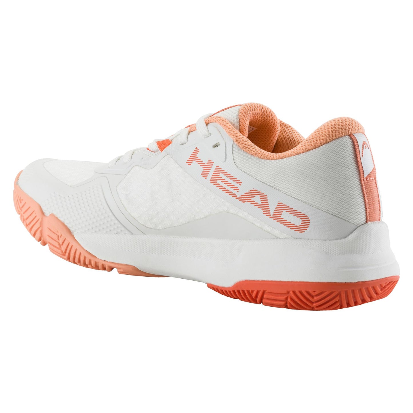 The HEAD Motion Team Women's Padel Shoes in white and coral, shown from a rear-side angle, are crafted for stability and comfort with mesh and synthetic materials. An orange sole provides multi-directional grip, with "HEAD" displayed in orange on the side.
