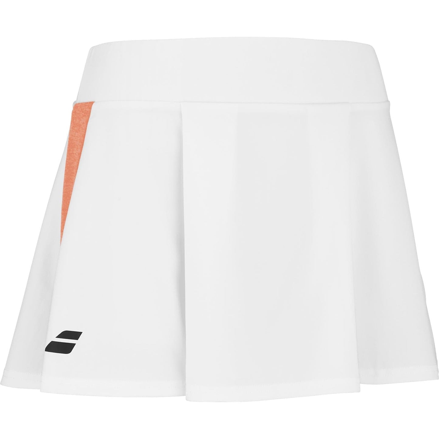 The Babolat Play Women's Padel Skirt in white and orange features pleats, a wide waistband, and is made from recycled polyester. With 360 Motion for comfort, it includes an orange panel on one side and a small black logo near the bottom.