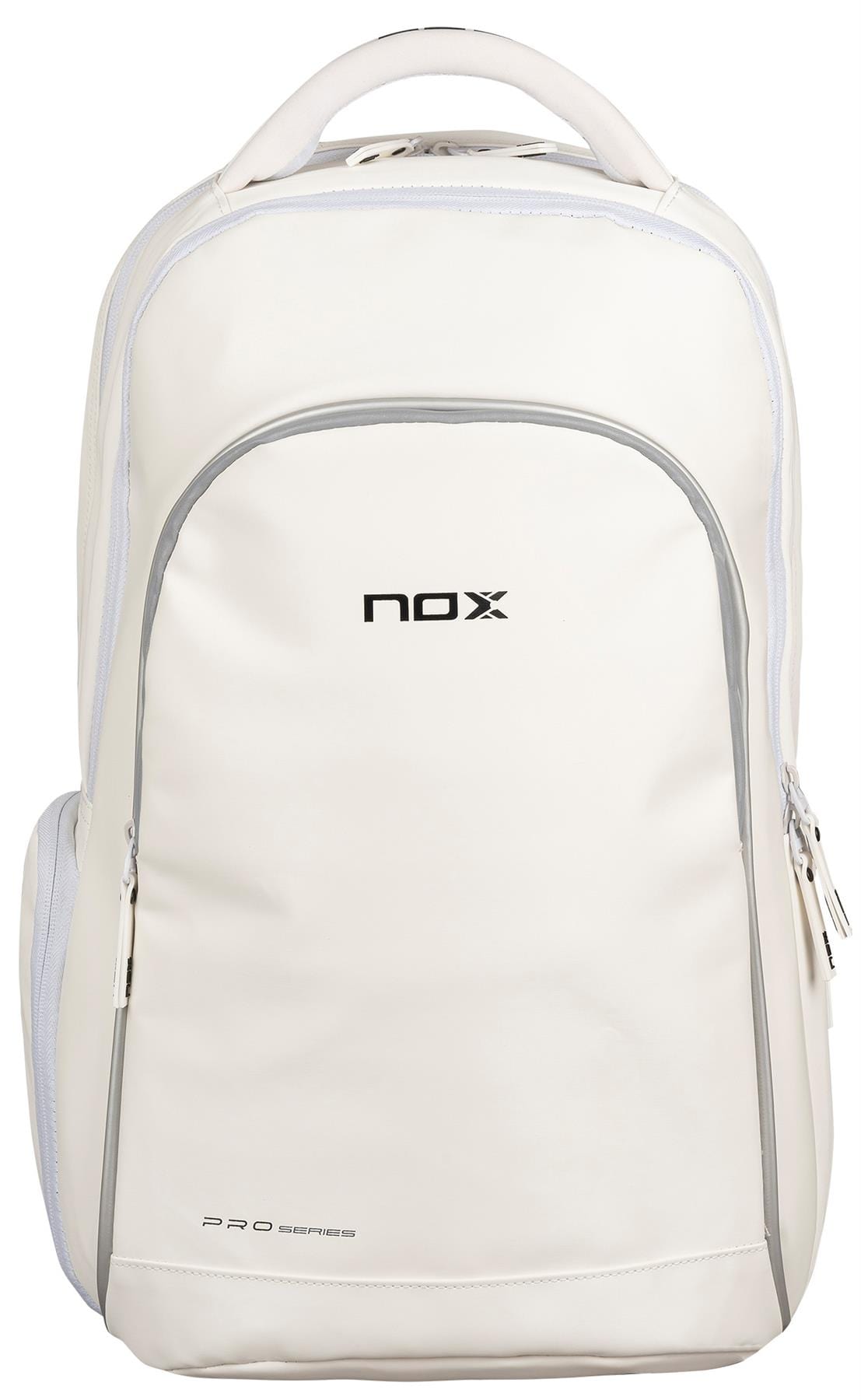 The NOX Pro Series Padel Backpack – White features light gray accents, a roomy main compartment, front zip pocket, and side pocket. Designed for padel fans by NOX, this stylish backpack is shown on a plain white background.