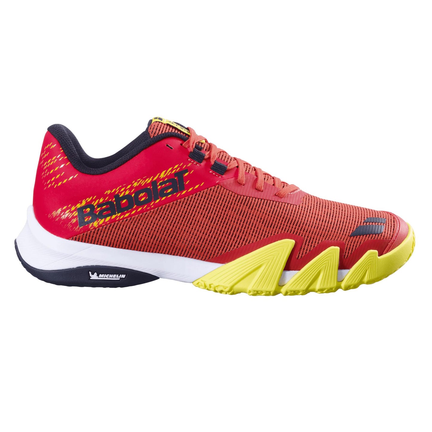 The Babolat Jet Viva Men's Padel Shoes in Poppy Red offer dynamic performance with a textured surface, red and yellow accents on the sole and heel, black trim, and prominently displayed logos on the side and sole for a lightweight athletic advantage.