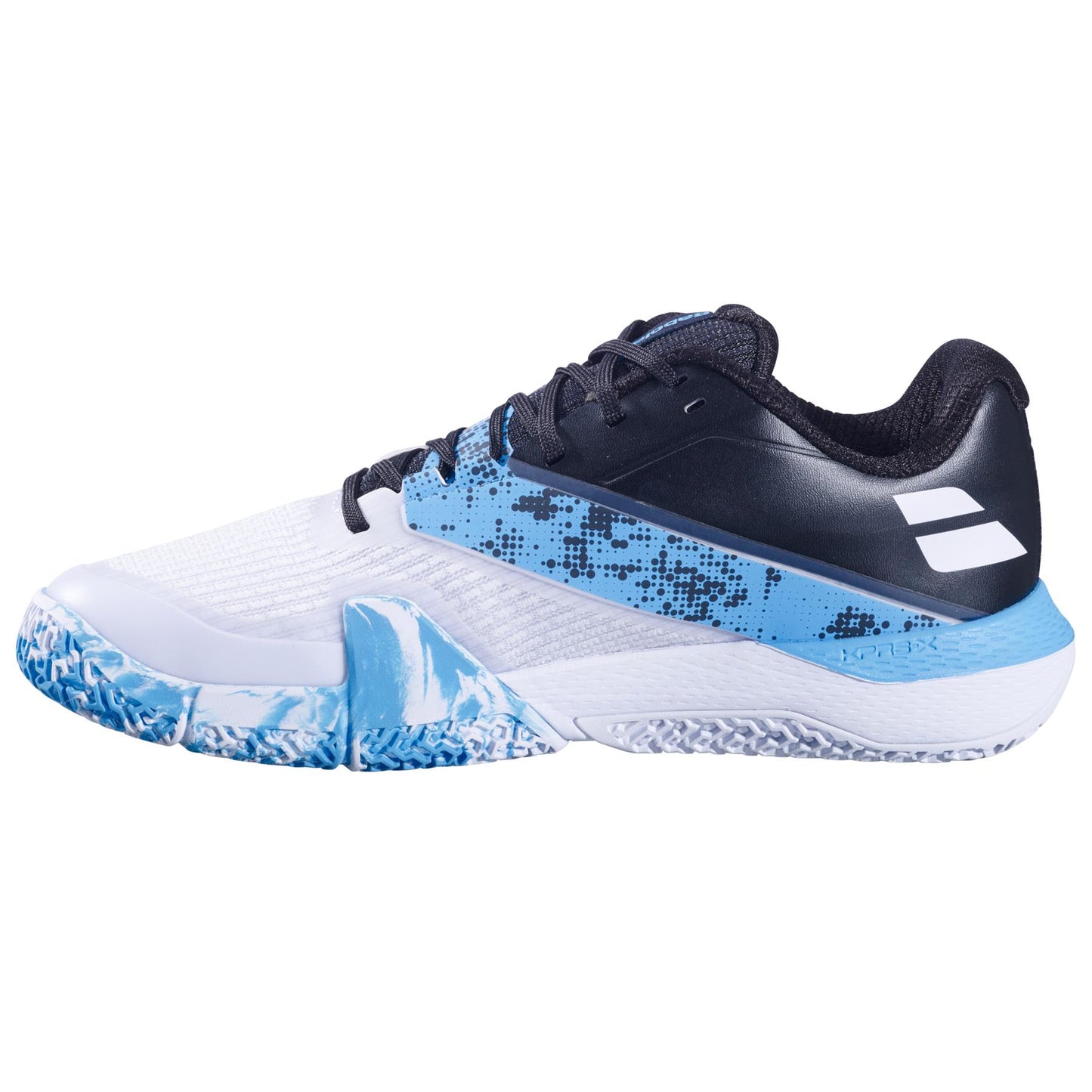 The Babolat Movea 2 Men's Padel Shoes in White/Cyan Blue are perfect for padel enthusiasts. These athletic shoes feature a black tongue and collar, a speckled black/blue midsection design, and a Michelin Padel textured sole with blue accents around the toe, ideal for sports.