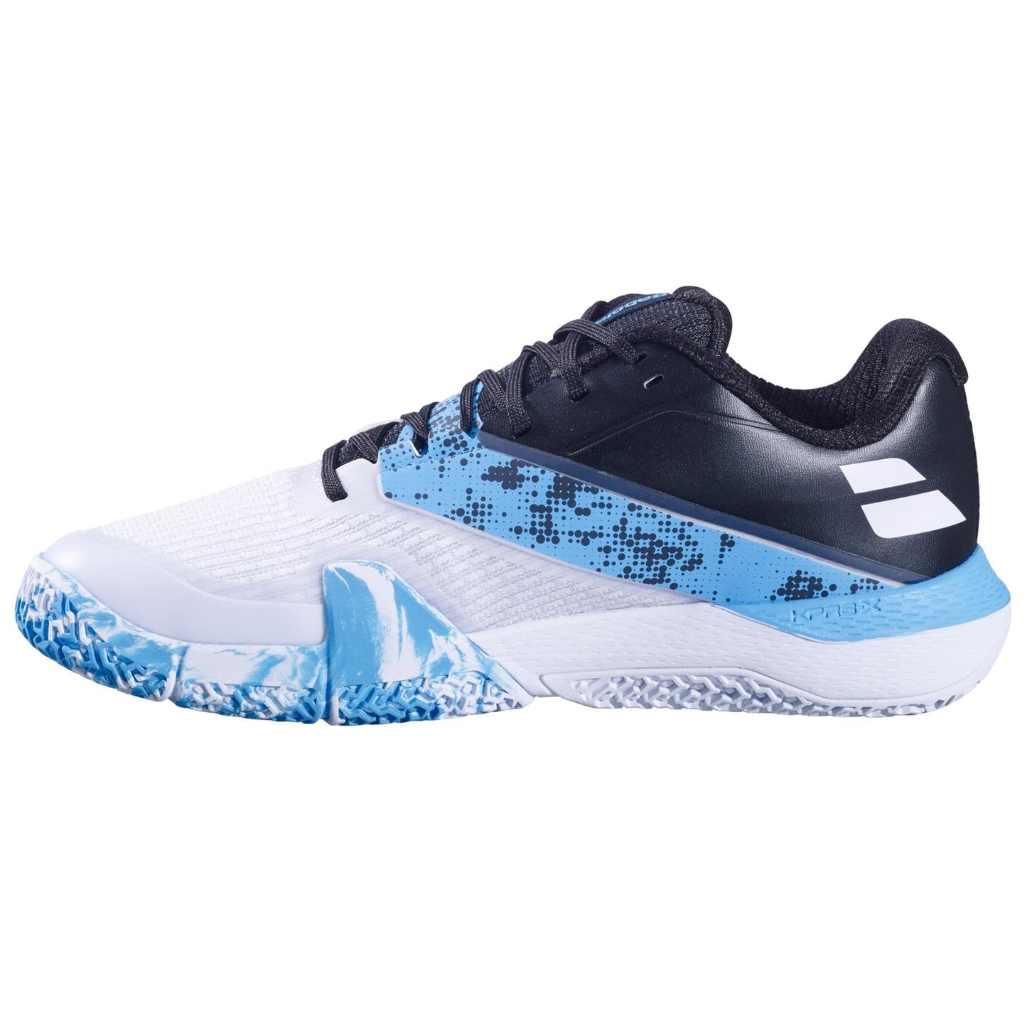 The Babolat Movea 2 Men's Padel Shoes in White/Cyan Blue are perfect for padel enthusiasts. These athletic shoes feature a black tongue and collar, a speckled black/blue midsection design, and a Michelin Padel textured sole with blue accents around the toe, ideal for sports.