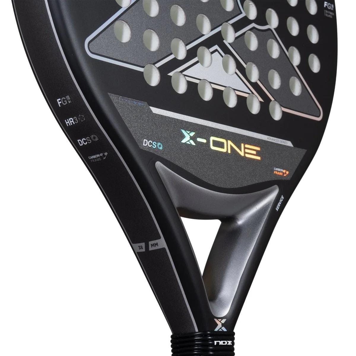 Close-up of the NOX X-One Advance Series Padel Racket in black, featuring a triangular hole near the handle, silver accents, circular perforations, and visible HR3 rubber core details. Brand: NOX.