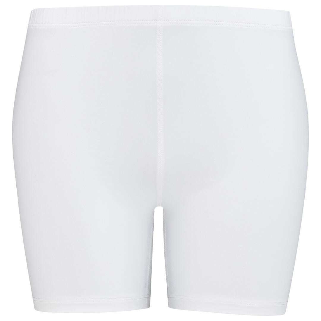 A pair of plain white seamless shorts, viewed from the front, showcasing advanced moisture transfer microfibre technology for optimal comfort and performance.