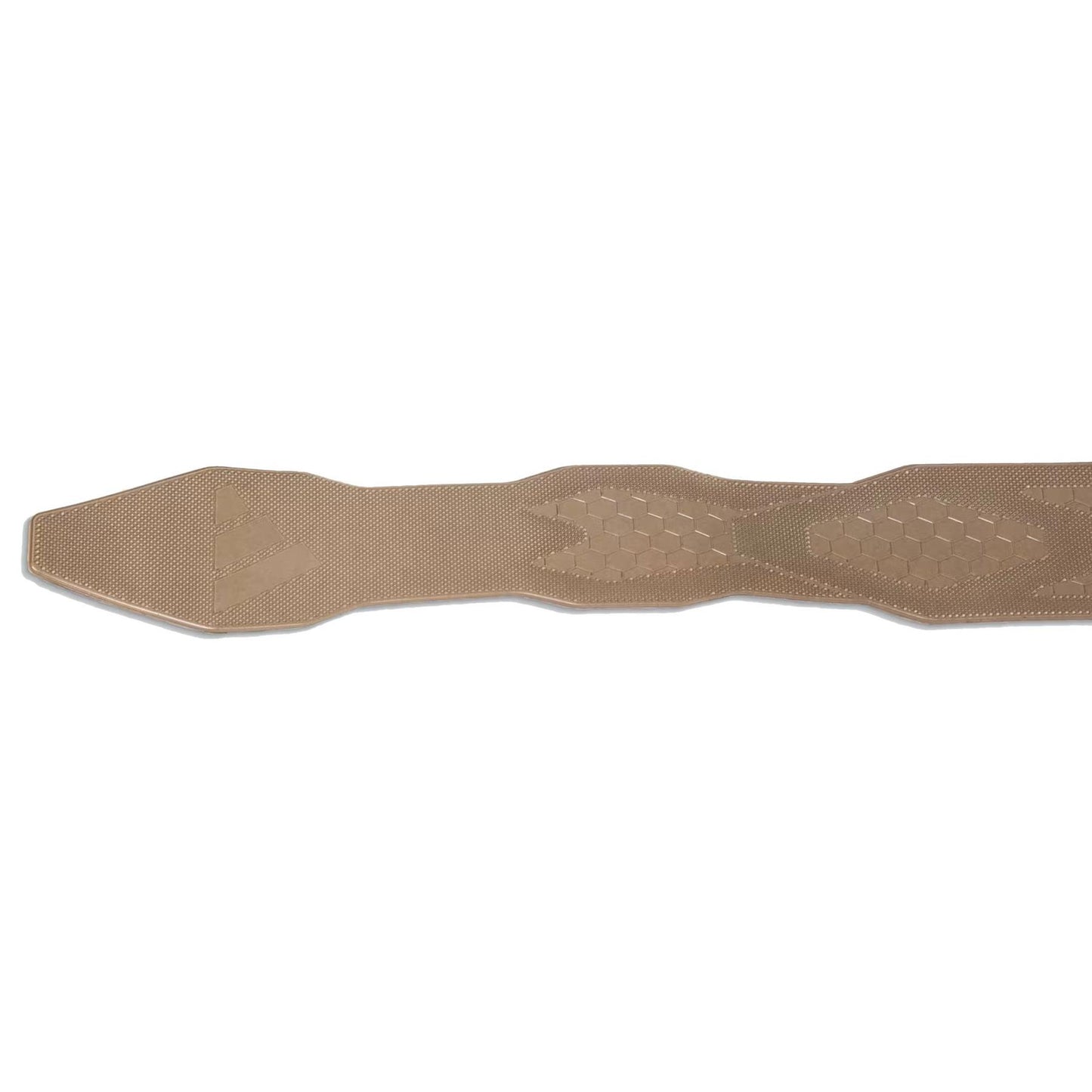 Tan tactical belt with a woven texture and hexagonal grip impressions. It features reinforced stitching, ADIDAS-inspired durability, and an adjustable design for strength. Ideal for securely holding gear, similar to the trustworthiness of the ADIDAS Antishock Padel Racket Protector Tape.