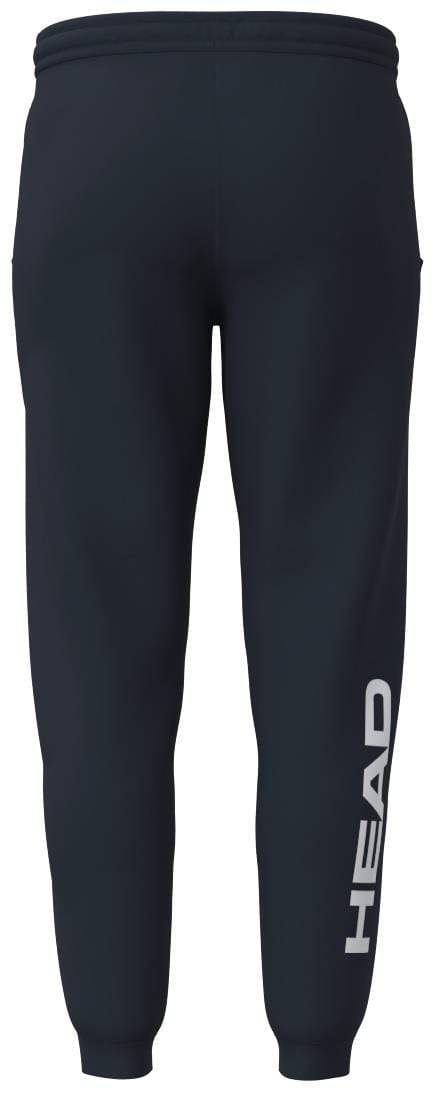 Viewed from the back, the black athletic pants are soft French terry with an elastic waistband and cuffed ankles. The HEAD Club Original Men's Padel Pants, in navy, have "HEAD" printed vertically in white on the lower leg for a stylish touch.
