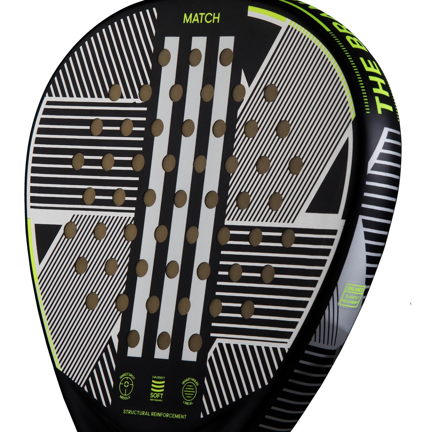 The ADIDAS Match 3.3 Padel Racket by adidas, available in black and lime with a teardrop-shaped head decorated with white and yellow dots, is perfect for beginner players.