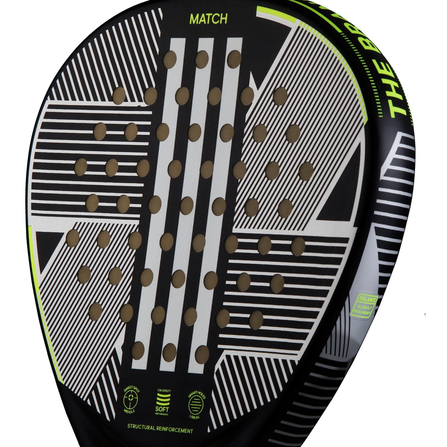 The ADIDAS Match 3.3 Padel Racket by adidas, available in black and lime with a teardrop-shaped head decorated with white and yellow dots, is perfect for beginner players.