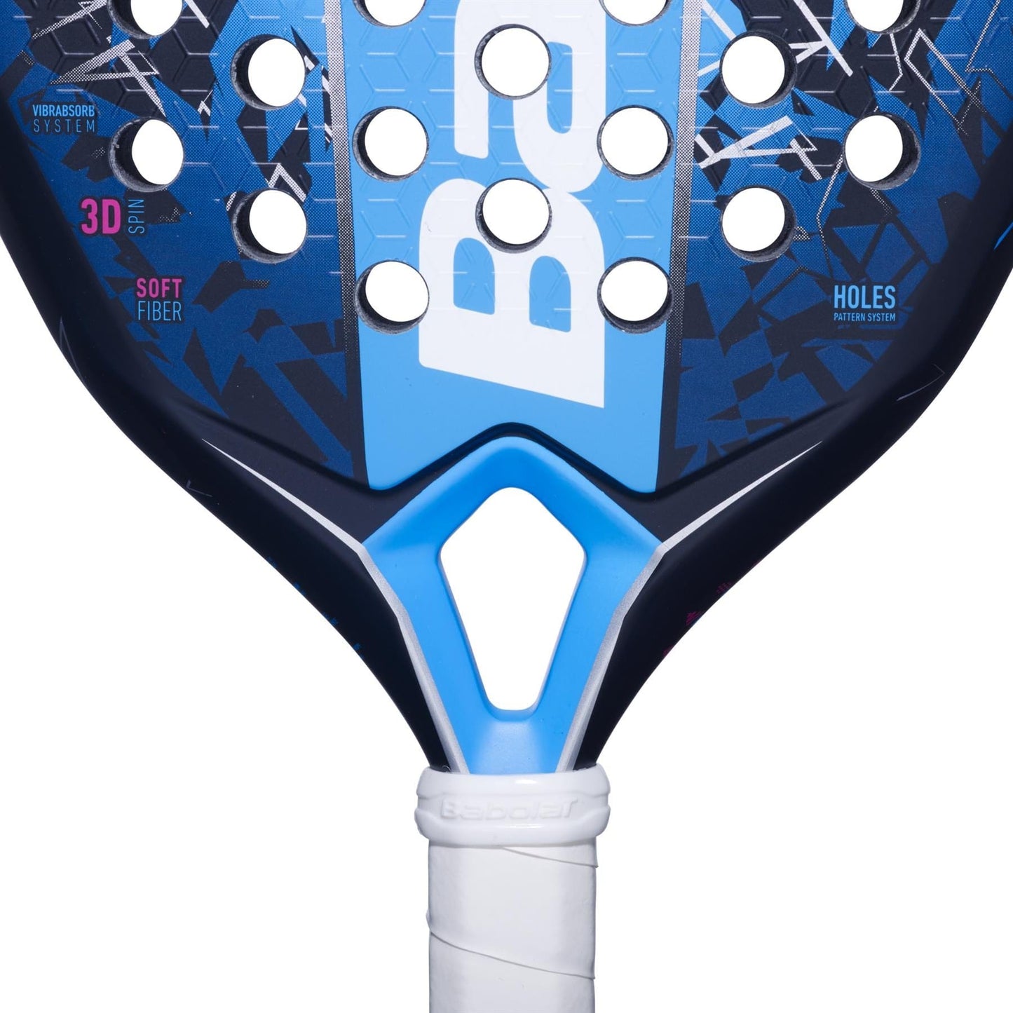 Close-up of the Babolat Air Vertuo 2.5 Padel Racket - Blue, featuring blue and black colors with a white grip, perforated holes, and part of the Babolat logo on its lightweight face.