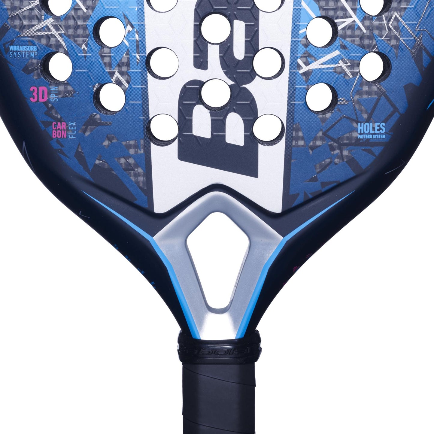 Close-up of the Babolat Air Veron 2.5 Padel Racket in blue, featuring a black grip and circular holes with a geometric pattern, perfect for Air Strikers' dynamic play style. The handle shows the word "CROSS" partially visible above it.