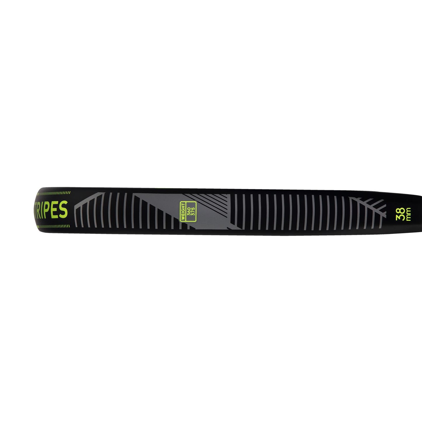 Close-up of a black blade with lime text "STRIPES" and white striping design on the ADIDAS Match 3.3 Padel Racket - Black / Lime. Perfect for beginner players, the blade is marked with "30°" in the corner, featuring a textured surface and a sleek appearance reminiscent of a teardrop-shaped padel racket's head.
