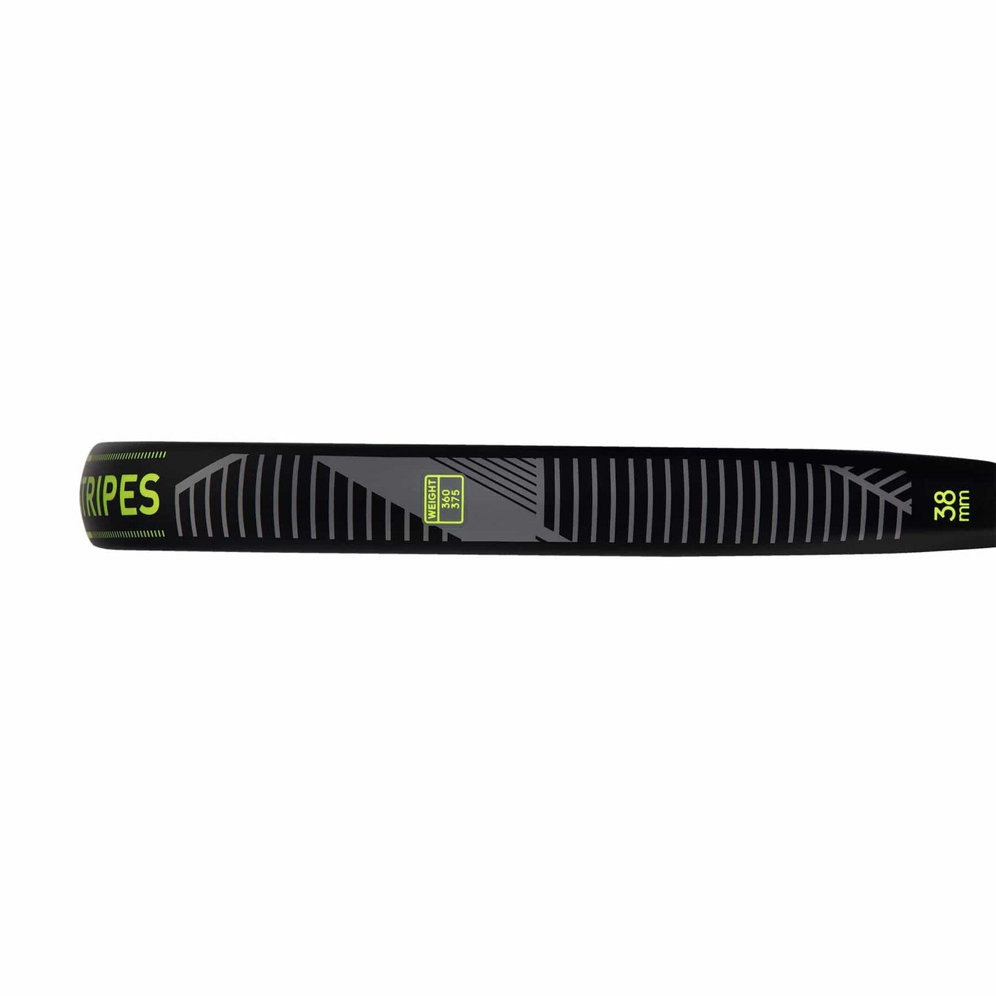 Close-up of a black blade with lime text "STRIPES" and white striping design on the ADIDAS Match 3.3 Padel Racket - Black / Lime. Perfect for beginner players, the blade is marked with "30°" in the corner, featuring a textured surface and a sleek appearance reminiscent of a teardrop-shaped padel racket's head.