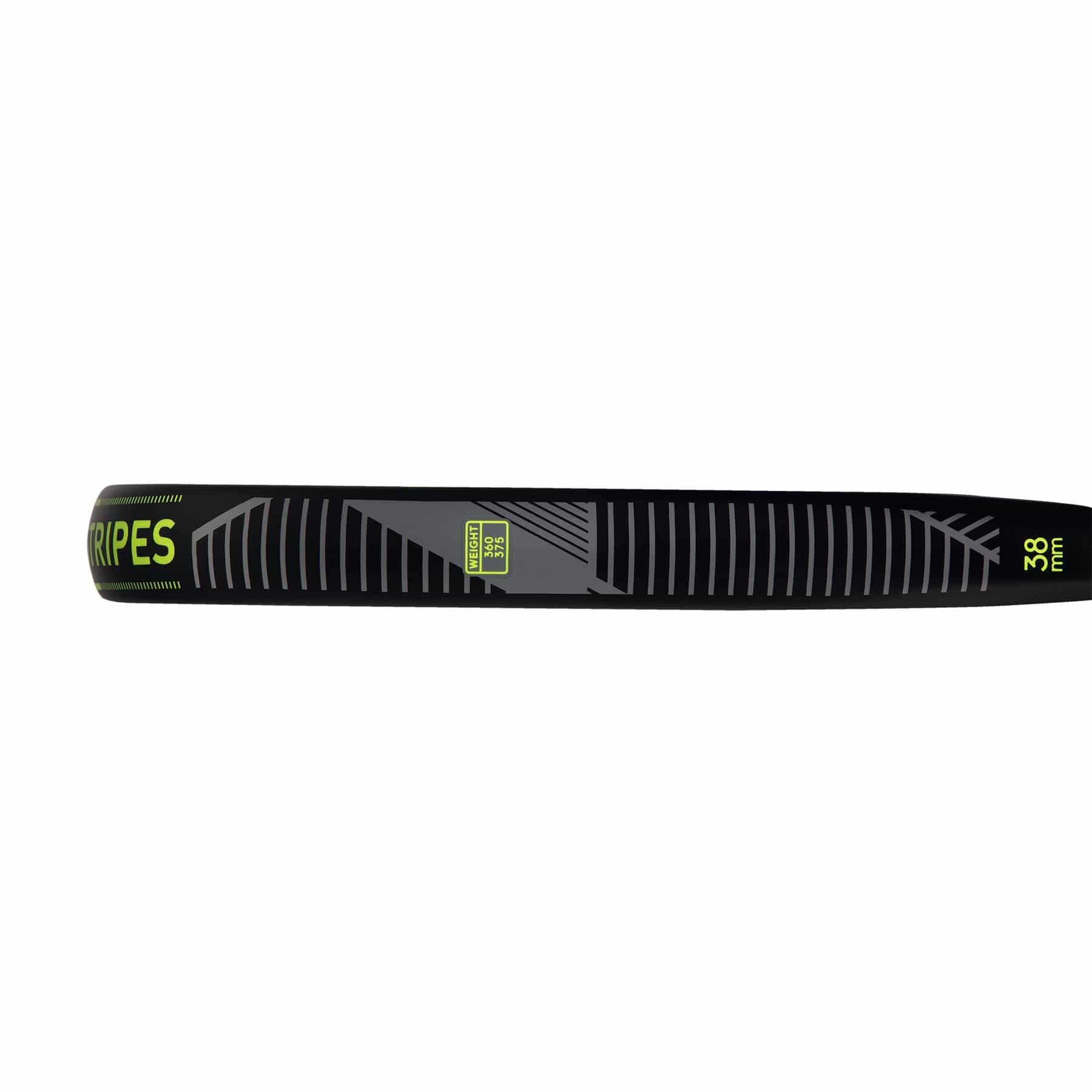 Close-up of a black blade with lime text "STRIPES" and white striping design on the ADIDAS Match 3.3 Padel Racket - Black / Lime. Perfect for beginner players, the blade is marked with "30°" in the corner, featuring a textured surface and a sleek appearance reminiscent of a teardrop-shaped padel racket's head.