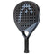 The HEAD Evo Speed 2023 Padel Racket in black boasts a round head design with Innegra technology and a network of holes. The branding "Evo Speed 2023" is clearly visible on the surface, alongside the prominent HEAD logo near the handle. It features a black grip tape, making it ideal for beginners.