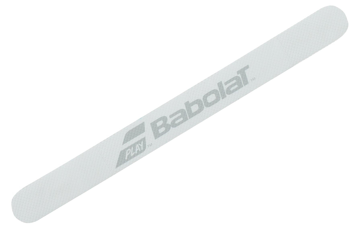 A white Babolat wristband featuring the logo and the word "PLAY" printed on it, designed to embody the dedication to excellence found in Babolat Protec Pro Padel Protection Strips.