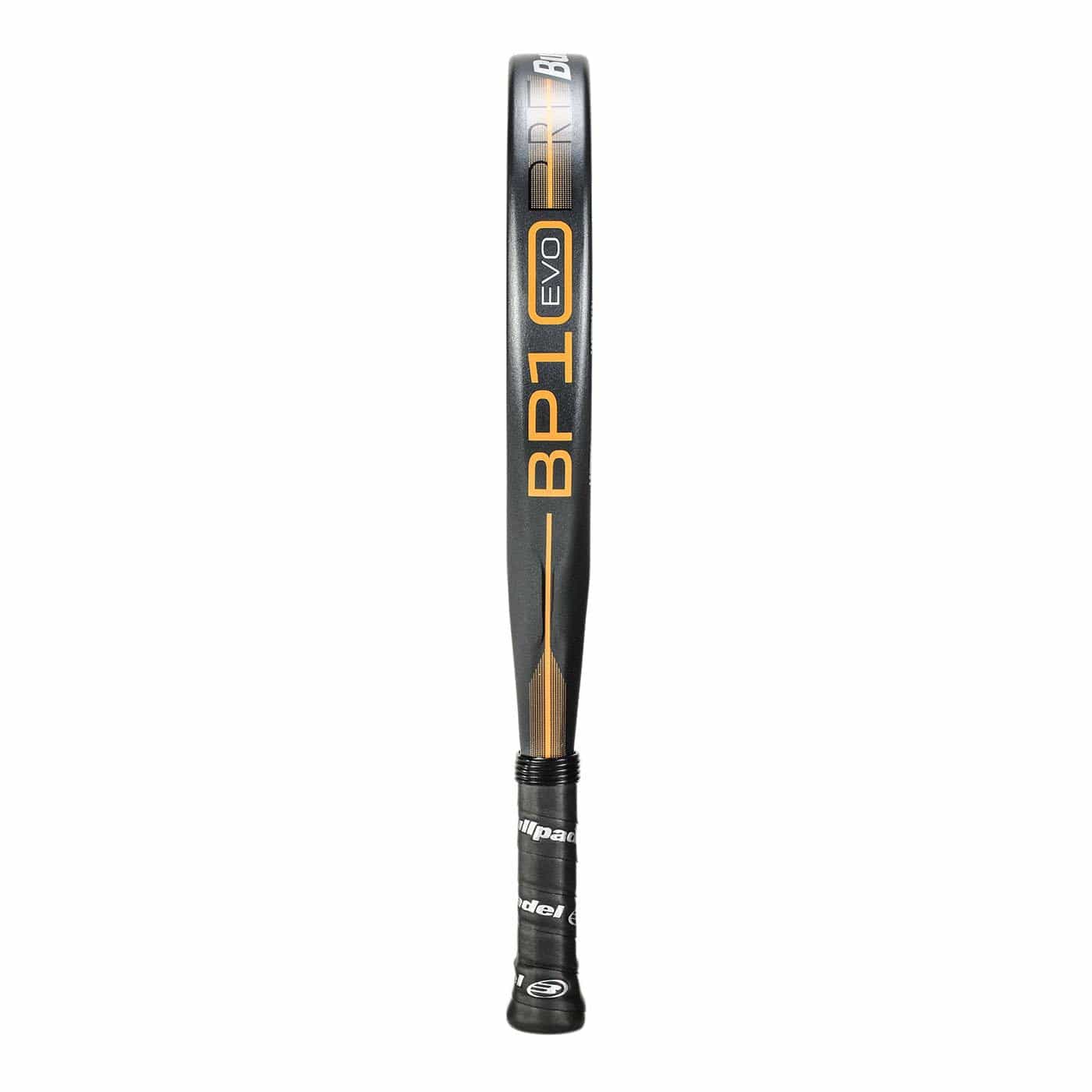 Close-up image of a black/grey Bullpadel BP10 EVO 2025 Padel Racket with "Bullpadel BP10 EVO" in orange on the side. The handle features branded grip tape, and the curved edge uses the STReinforce system for enhanced durability.