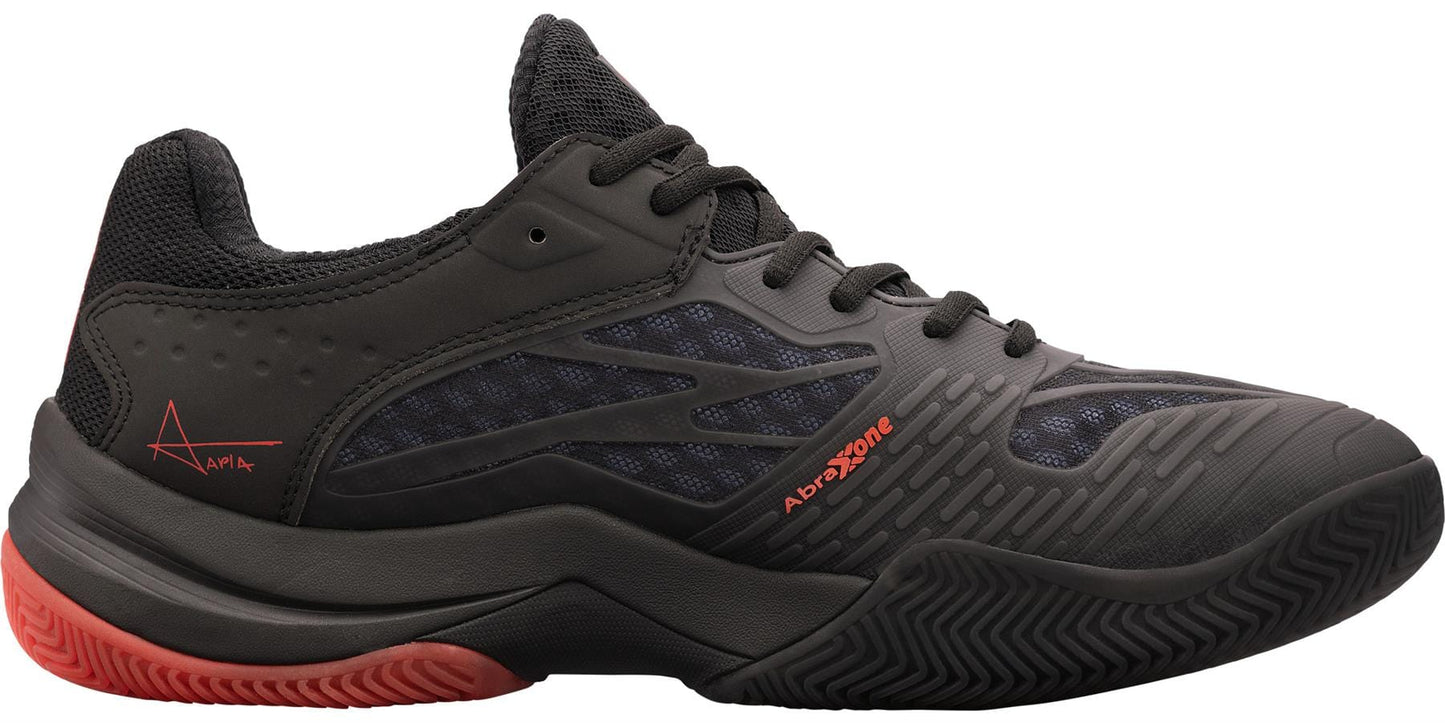 The NOX AT10 Lux Men's Padel Shoes in black/red feature mesh panels, red accents, and "AEROSOFT" on the side—Athletic sneakers inspired by Agustin Tapia, ideal for fans of the Best Power Padel Shoe.