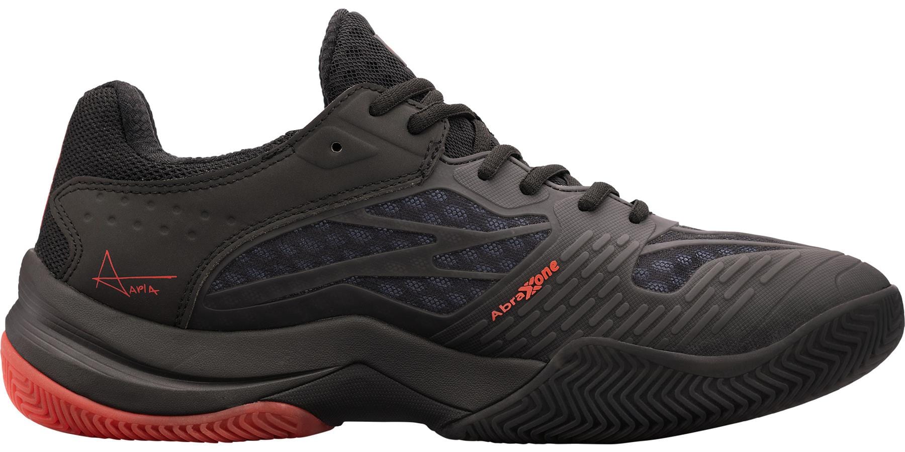 The NOX AT10 Lux Men's Padel Shoes in black/red feature mesh panels, red accents, and "AEROSOFT" on the side—Athletic sneakers inspired by Agustin Tapia, ideal for fans of the Best Power Padel Shoe.