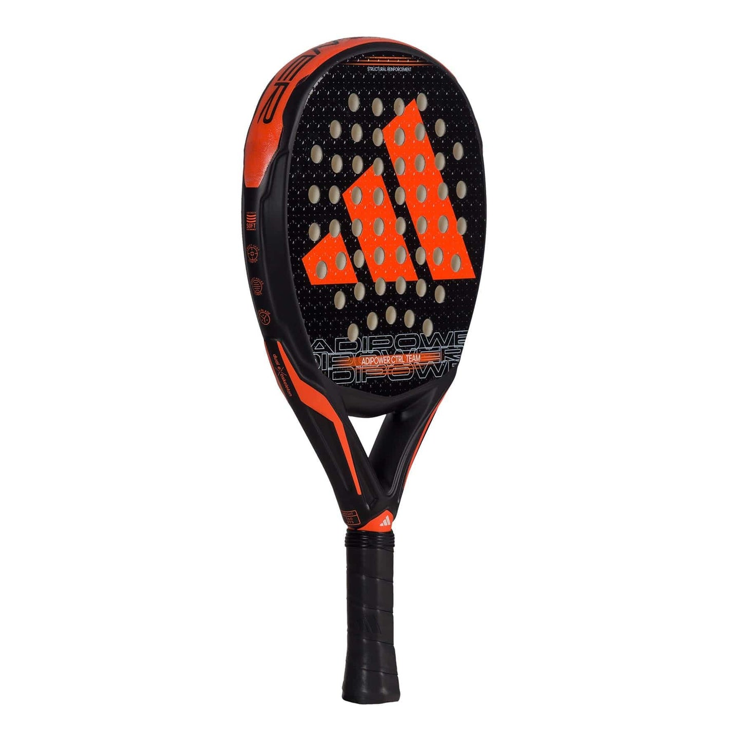 The ADIDAS Adipower CTRL Team 3.3 Padel Racket, available in a sleek black and orange design, features a triangular logo and strategic perforations, making it an ideal choice for intermediate players who want enhanced control. The handle is wrapped in black grip tape to complement its modern and sporty look.