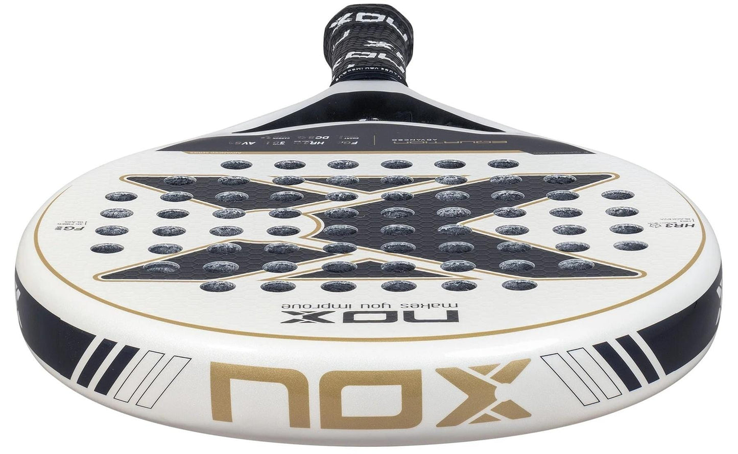 A close-up of the NOX Equation Advance Series Padel Racket in white and black highlights its circular holes, gold accents, and prominent NOX branding, all designed for intermediate players.
