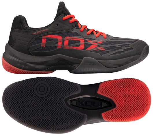 The NOX AT10 Lux Men's Padel Shoes in black and red are shown from the side and bottom. Co-designed with Agustin Tapia, they feature red laces, a bold NOX logo, and a textured sole for superior grip.