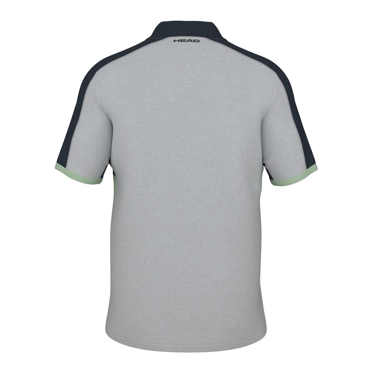 The HEAD Performance Play Tech Men's Polo Shirt - GRCE features a back view in light gray, accented with dark navy on the shoulders and light green trim on the sleeves. For added comfort, it includes enhanced breathability and Moisture Transfer Microfiber technology. The brand name "HEAD" is elegantly printed at the top of the collar.