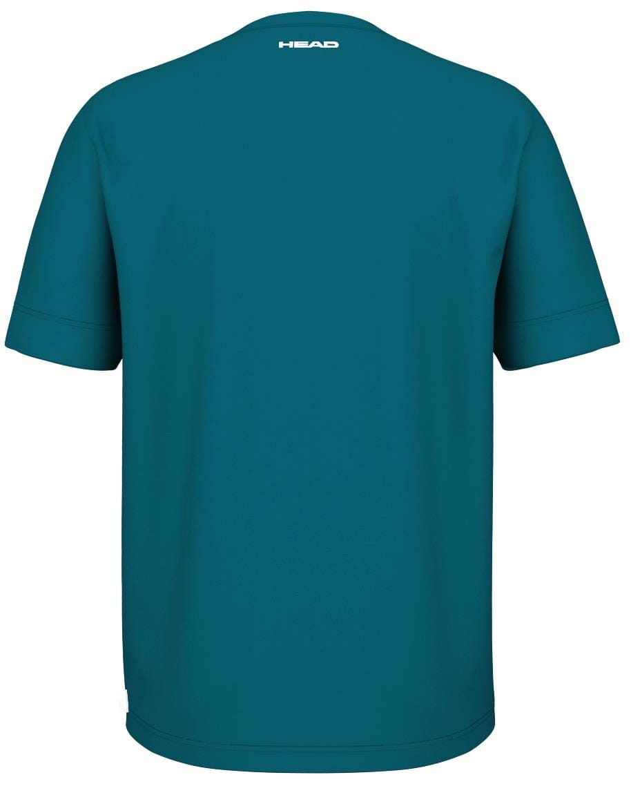 The HEAD Slice II Men's Padel T-Shirt in teal features short sleeves, polyester interlock fabric, Moisture Transfer Microfiber technology, and a small white logo near the collar.