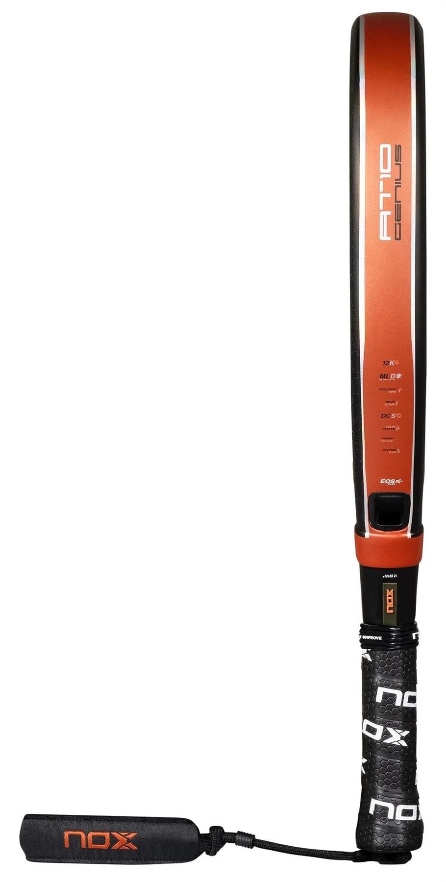A close-up of the NOX AT10 Luxury Genius Attack 12K By Agustin Tapia 2025 Padel Racket, featuring an orange and black design, NOX branding, 12K Carbon Fibre construction, and a protective cover on the handle.