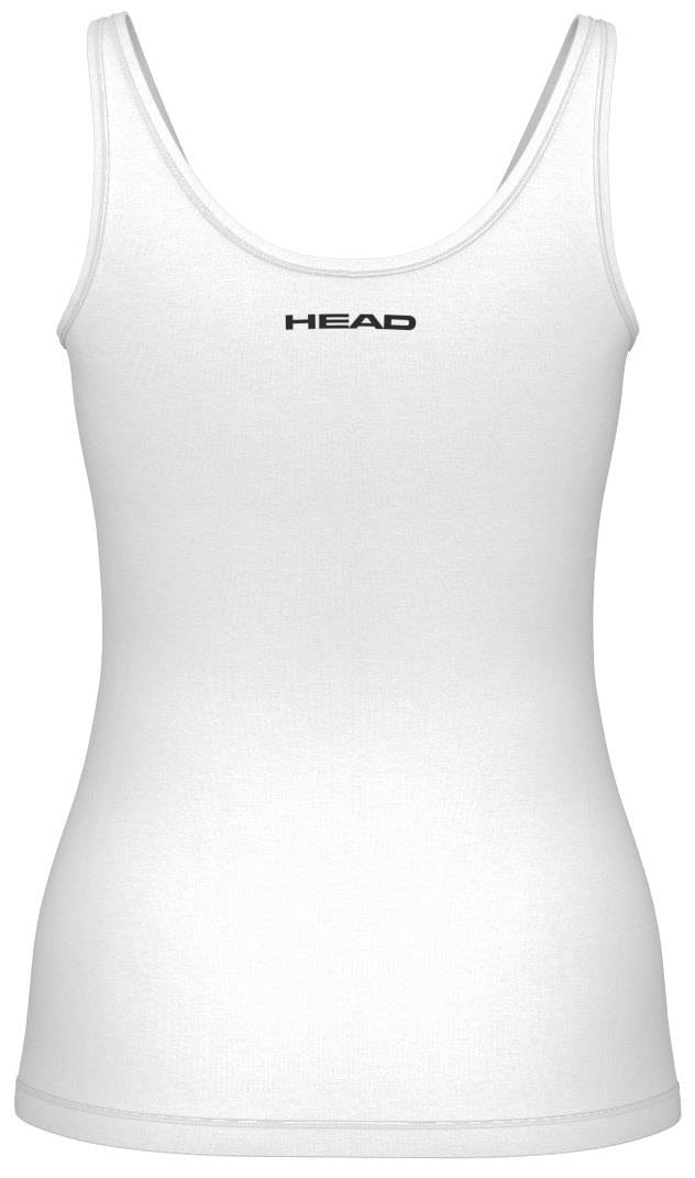The HEAD Spirit II Women's Padel Tank Top in white prominently displays the HEAD brand in black on the chest and features a scoop neckline. It uses advanced cooling and Moisture Transfer Microfiber technology for superior comfort.