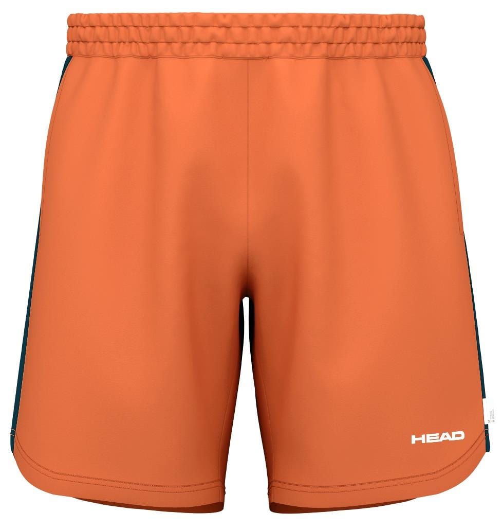 HEAD Power Mens Padel Shorts feature orange fabric with an elastic waistband, black side stripes, and "HEAD" printed in white at the bottom right. Made with moisture-wicking microfiber and 4-way stretch for freedom of movement—ideal for comfort and performance.