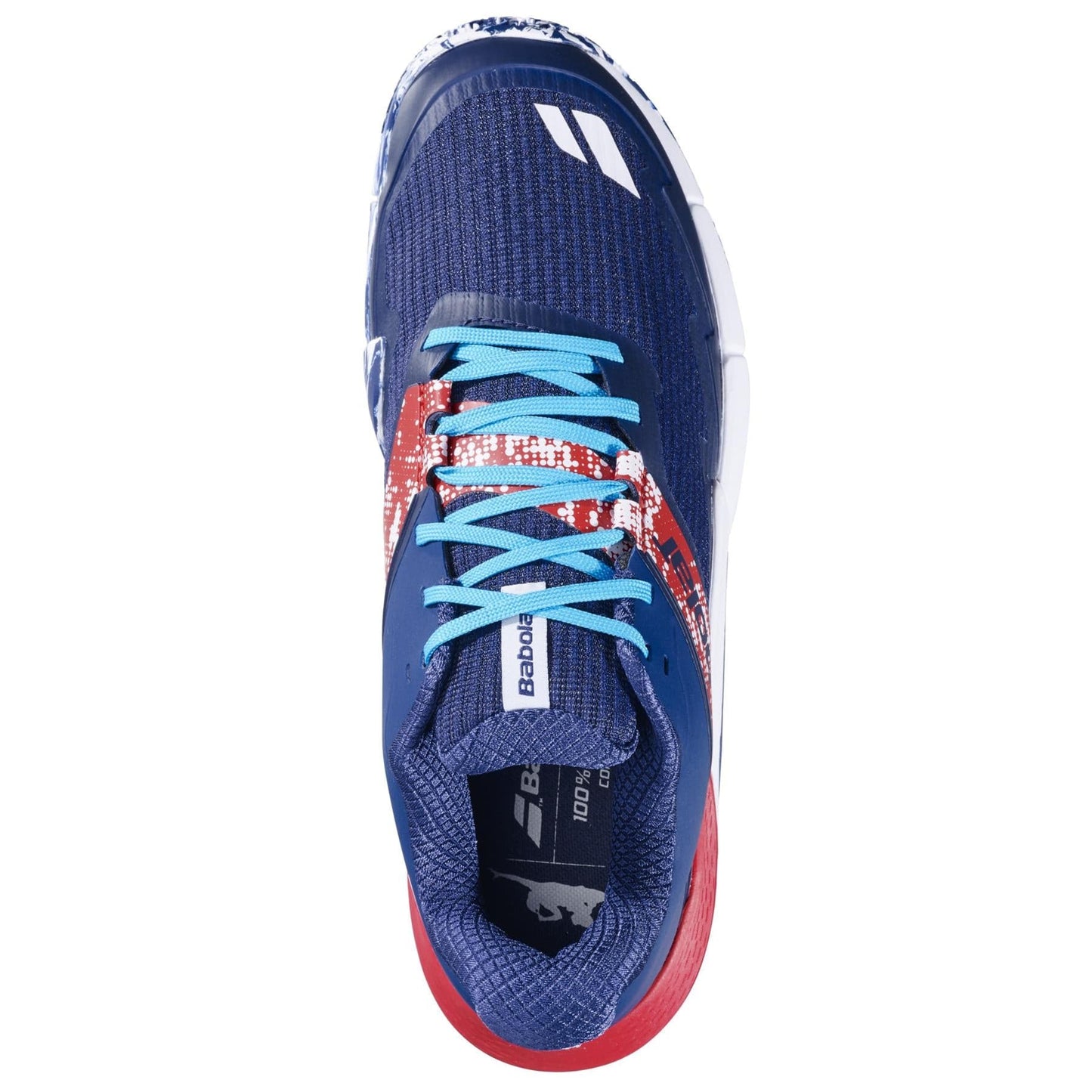 Top view of the Babolat Movea 2 Men's Padel Shoes in dark blue/chilli red, featuring light blue laces, red and white accents, white logo on tongue and toe, Michelin midsole for durability, and Babolat branding on the red heel section.