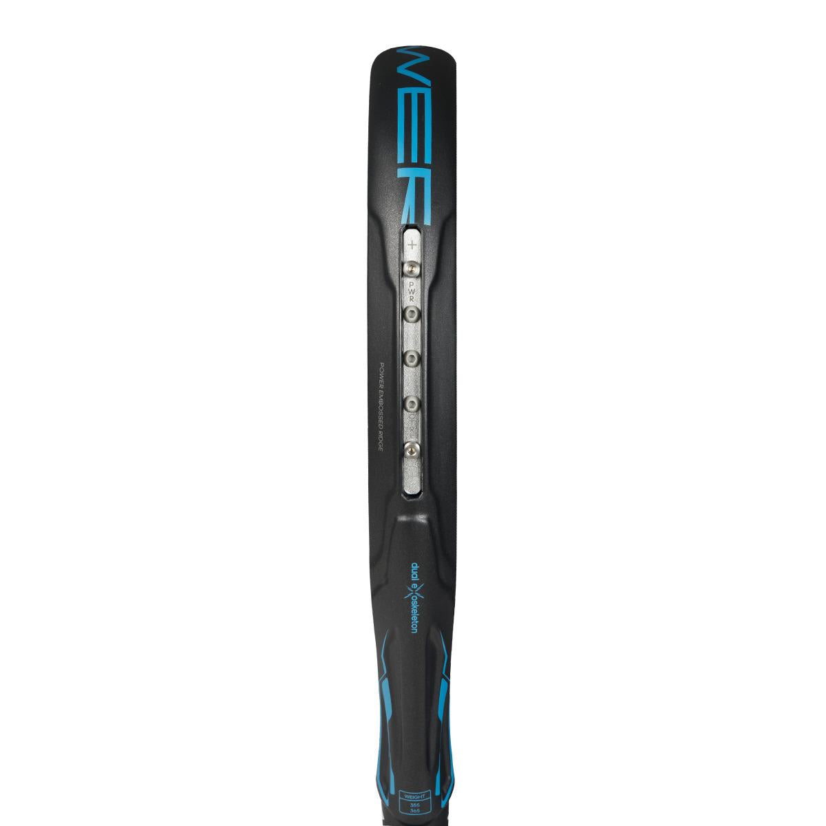 Side view of the adidas ADIDAS Adipower Multiweight CTRL 3.4 Padel Racket in black and blue, showcasing its frame and grommet holes. The edge features "WEP" in blue, echoing Álex Ruiz's style with an Adipower Multiweight touch.