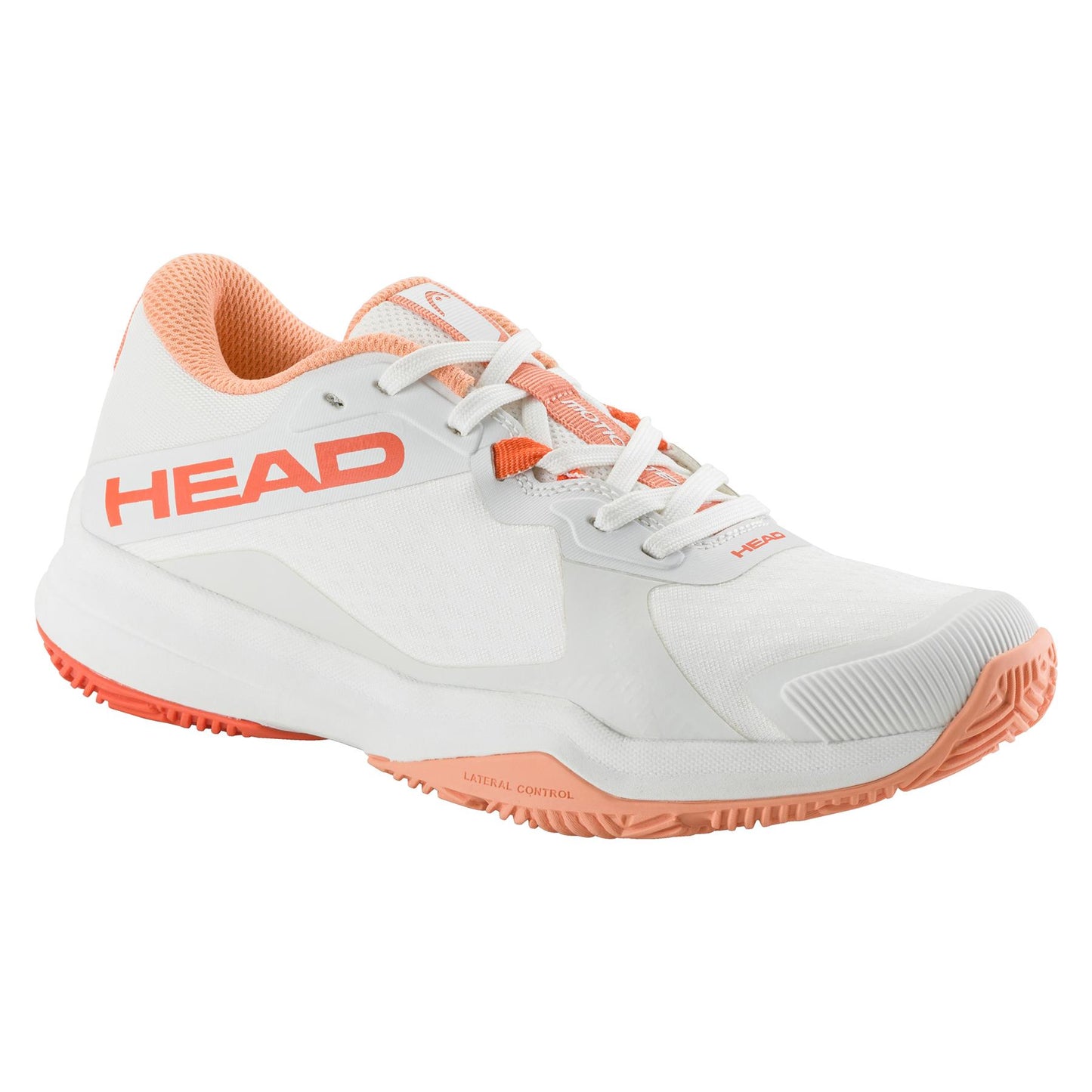 The HEAD Motion Team Women's Padel Shoes in White/Coral are crafted for dynamic padel play, featuring a textured sole with multi-directional grip and "HEAD" in coral on the side. They blend smooth mesh textures and matching laces, offering HEAD Lateral Control.