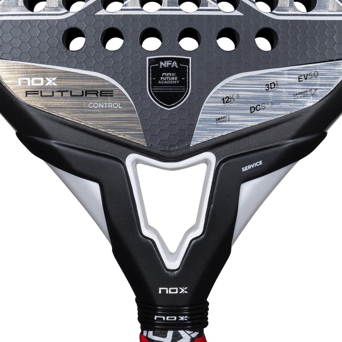 Close-up of the NOX NFA Future Control 12K Alum Padel Racket - Black / White, showing its textured Carbon Alum 12K surface, branding, 3D finish, and technical details including the NFA Mutiny Academy logos.
