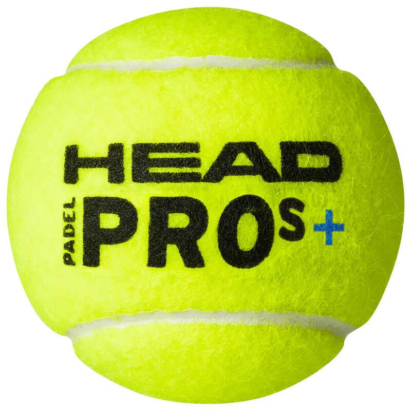 Close-up of a HEAD Padel Pro S+ ball, with its bright yellow surface and "HEAD PADEL PRO S+" in black and blue. Its texture and seams stand out against a white background, reflecting the eco-friendly packaging of the HEAD Padel Pro S+ Padel Balls - 3 Ball Tube.