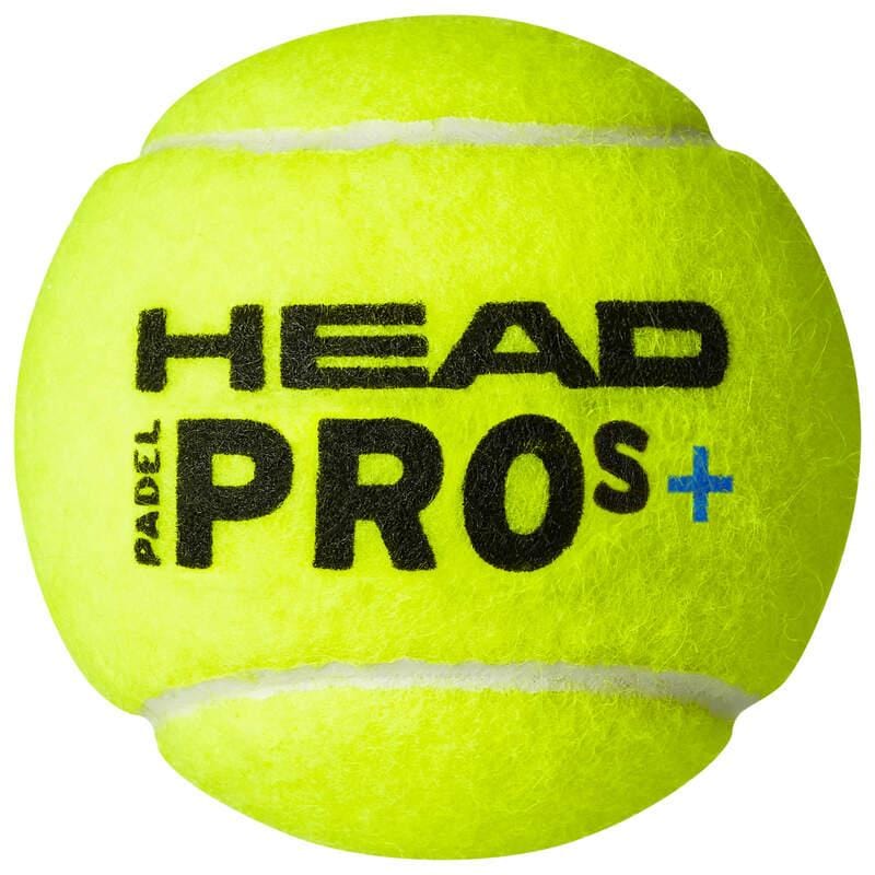 Close-up of a HEAD Padel Pro S+ ball, with its bright yellow surface and "HEAD PADEL PRO S+" in black and blue. Its texture and seams stand out against a white background, reflecting the eco-friendly packaging of the HEAD Padel Pro S+ Padel Balls - 3 Ball Tube.