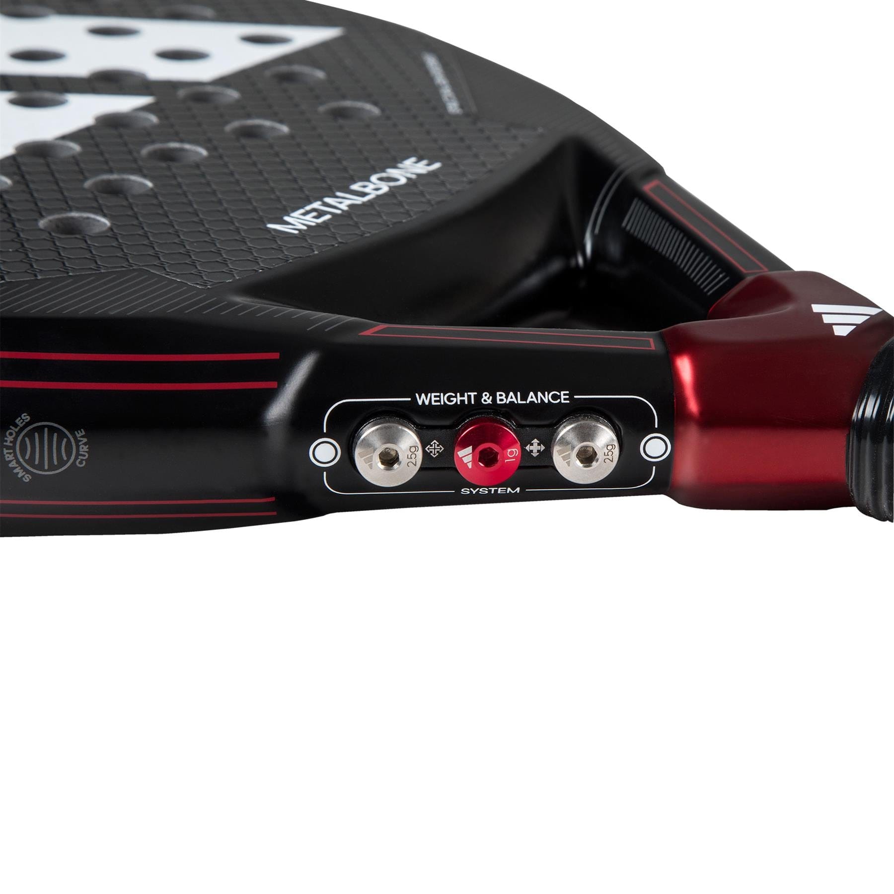 Get an up-close look at the ADIDAS Metalbone 3.3 Padel Racket in Black/Red, expertly crafted for advanced players in search of power. It features a customizable weight and balance system, with a handle that displays the metalbone logo and includes two metal dials for precise performance adjustments.