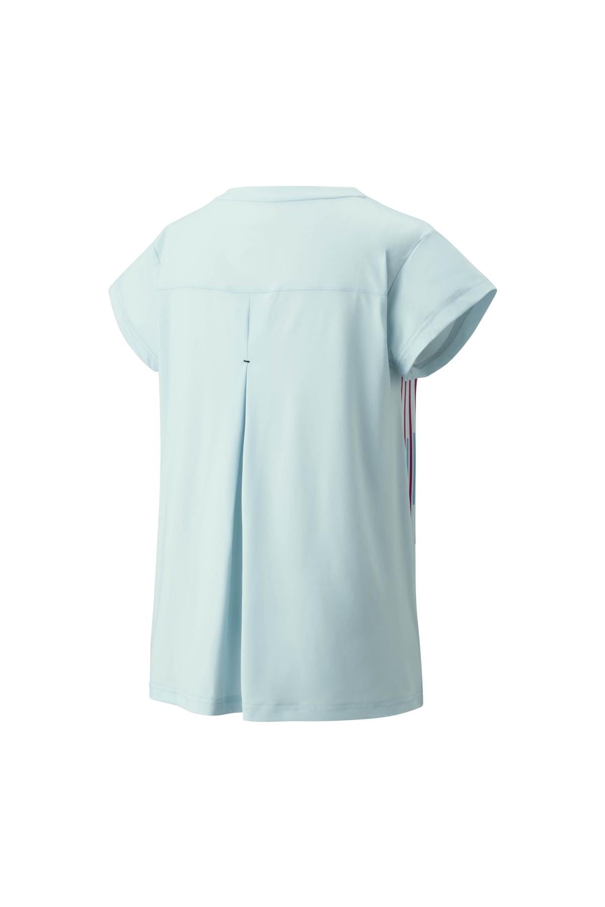 The Yonex 20764 Crew Neck Women's Padel T-Shirt in Crystal Blue features short sleeves and a pleated back detail, enhanced by colorful striped ribbon accents on the sides. This stylish piece is equipped with VeryCool technology for UV reduction, ensuring you stay cool and protected in the sun.