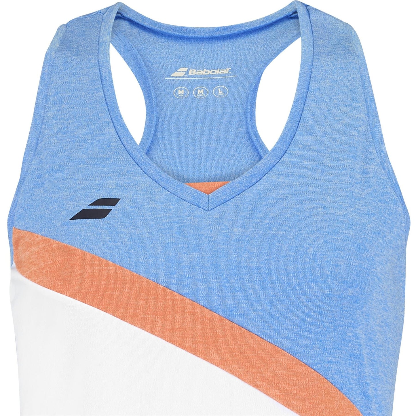 The Babolat Play Women's Padel Tank Top, made from recycled polyester, features a blue neckline with a diagonal orange stripe across the chest intersecting a white section and includes a black logo near the left shoulder.