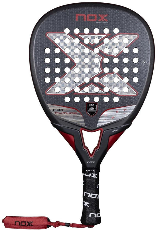 The NOX NFA Future Attack 12K Alum Padel Racket in black/red features a Carbon 12K perforated surface, large “X” design, branded black grip, and red wrist strap—engineered for power by NOX.