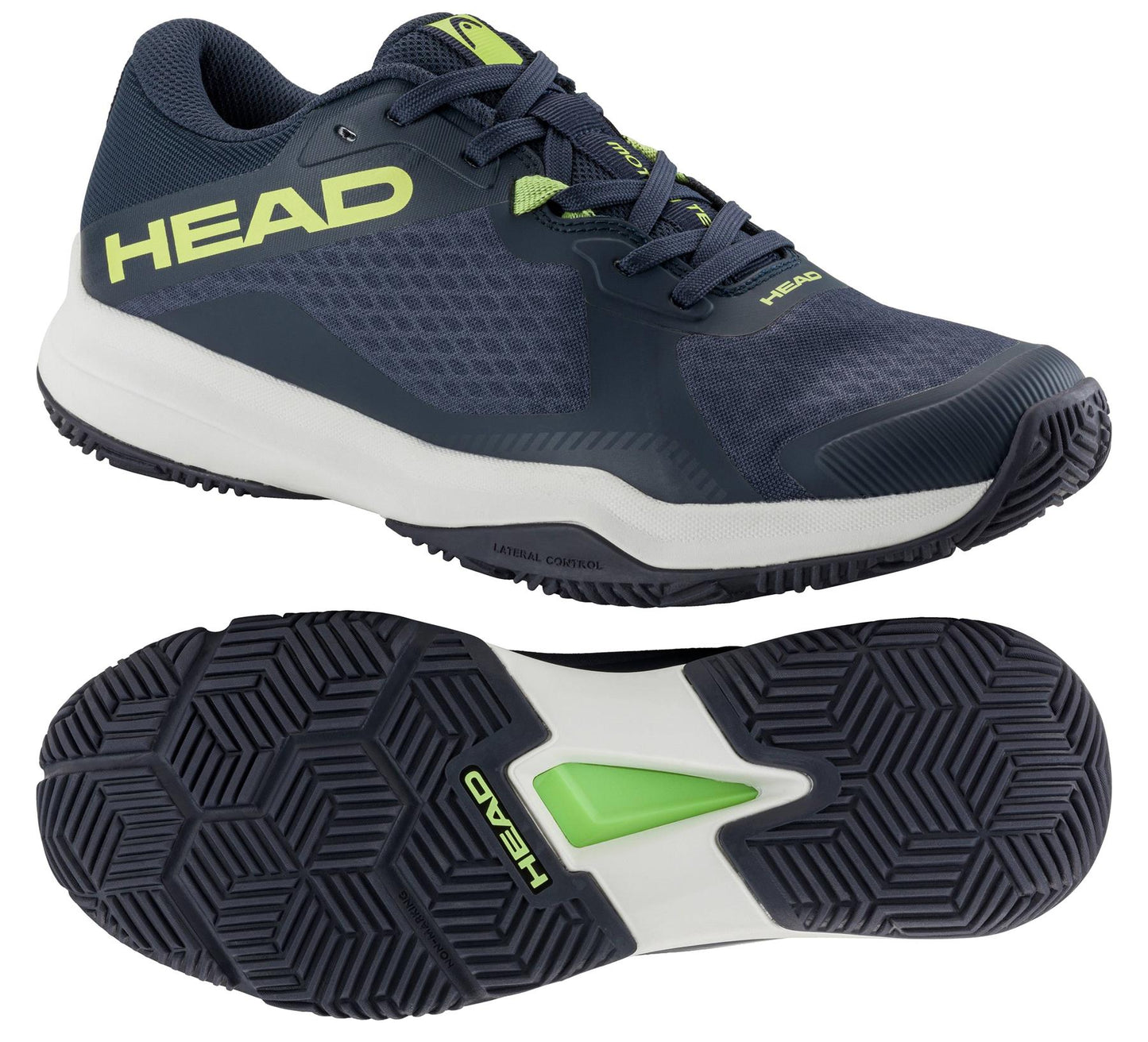 The HEAD Motion Team Men's Padel Shoes in navy and lime boast the brand's name on the side and sole. Designed for lateral control, they feature a 360-degree textured grip with one shoe shown top-down and the other displaying the bottom design.