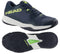 The HEAD Motion Team Men's Padel Shoes in navy and lime boast the brand's name on the side and sole. Designed for lateral control, they feature a 360-degree textured grip with one shoe shown top-down and the other displaying the bottom design.