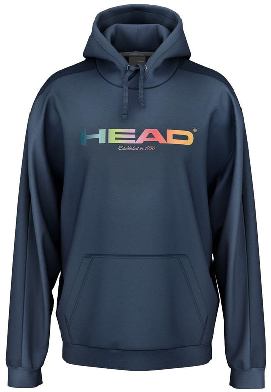 The HEAD Rally Men's Padel Hoodie in navy boasts colorful "HEAD" branding and "Established in 1950" on the chest. Made from French terry for a high-end and athletic appearance, this hoodie features a front pocket and adjustable drawstrings.