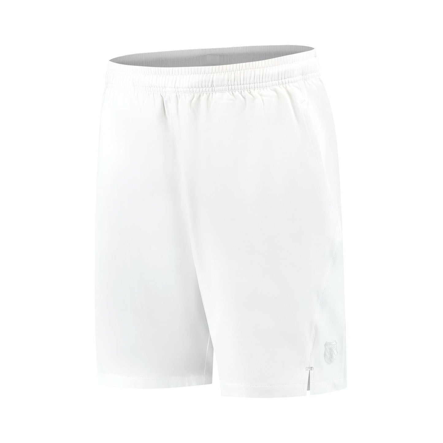 Men's K-Swiss Hypercourt 7" Padel Shorts in white are made from four-way stretch polyester, with an elastic waistband and a subtle logo on the lower right side. They're designed for comfort, perfect for padel or casual wear, and showcased on a plain white background.