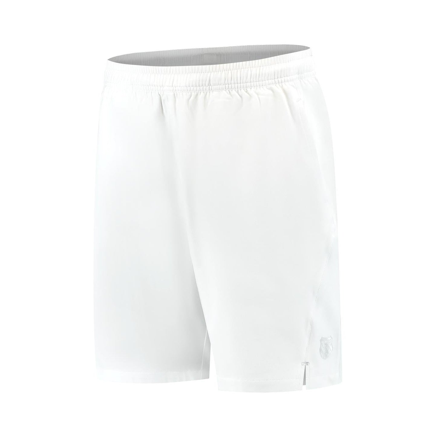 Men's K-Swiss Hypercourt 7" Padel Shorts in white are made from four-way stretch polyester, with an elastic waistband and a subtle logo on the lower right side. They're designed for comfort, perfect for padel or casual wear, and showcased on a plain white background.