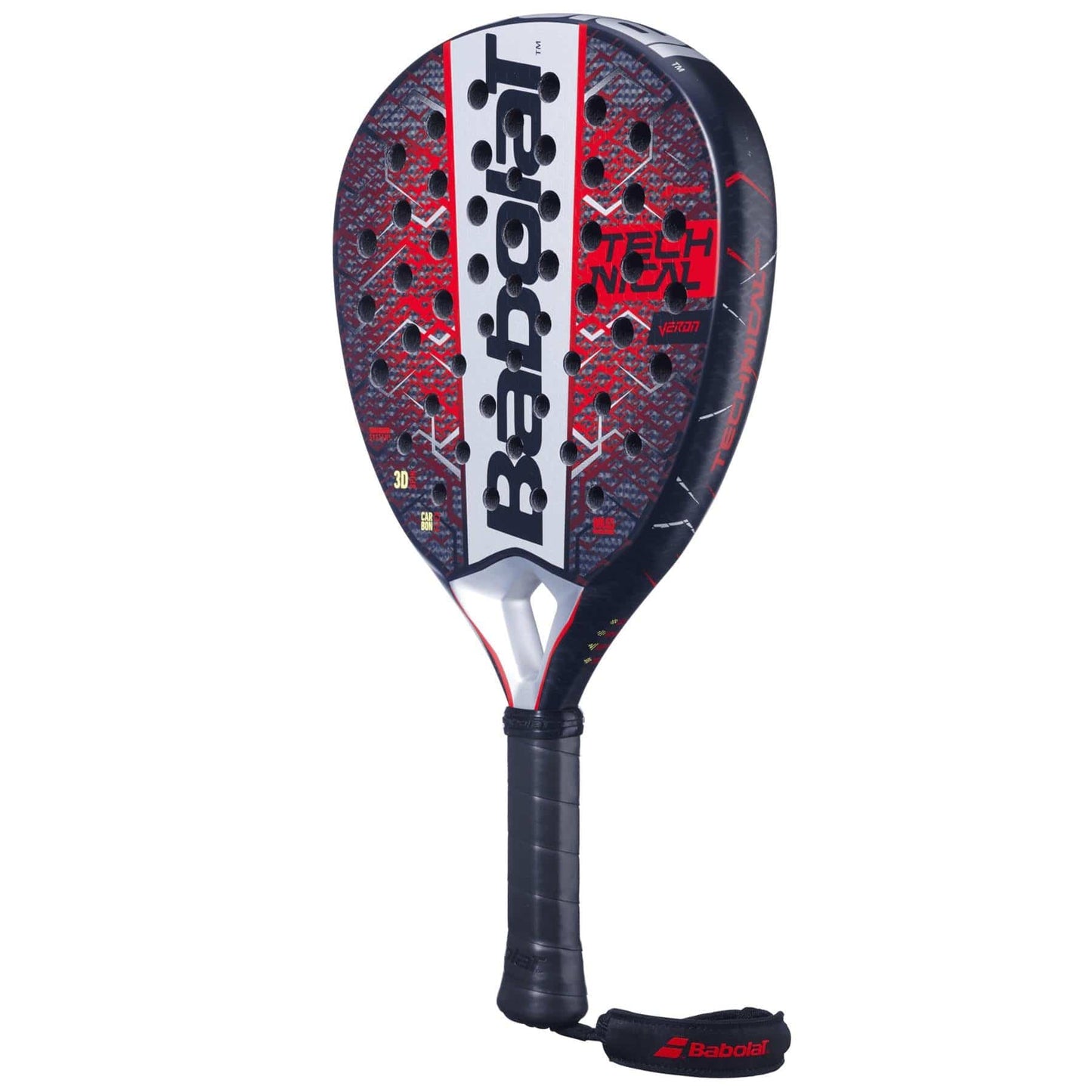 The Babolat Technical Veron 2.5 Padel Racket - Red features a bold black and red design, Carbon Flex technology, "Babolat" in white across the face, "TECHNICAL" in red text, and a black grip handle.